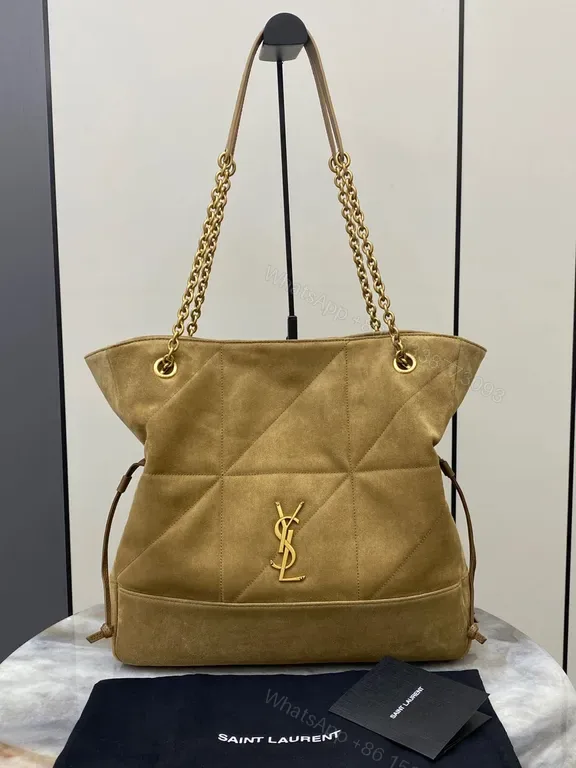View 1 of Taupe Suede-Like Quilted Tote with Chain Detail - Luxe Precision