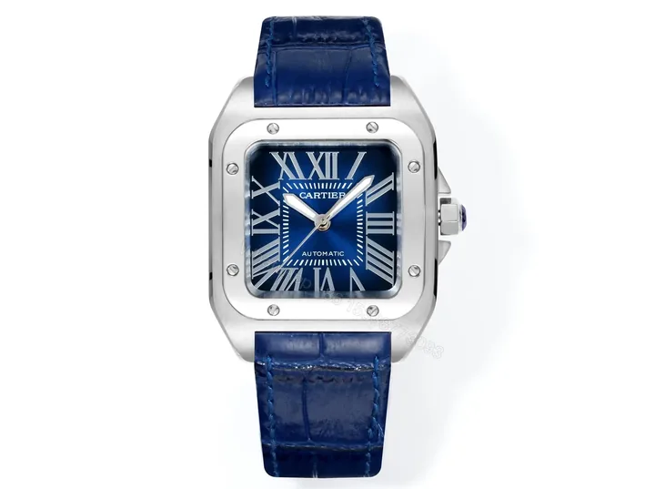 View 1 of Premium Cartier Santos 100th Anniversary replica Blue Leather Strap Edition RG-CARTIER-SANTOS-100-BLUE-LEATHER
