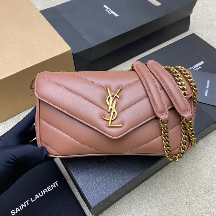 View 1 of Chic Pink Leather Flap Bag with Gold YSL Monogram, Luxury Everyday Essential