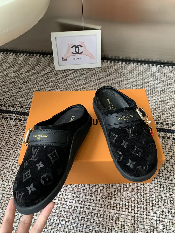 View 1 of Monochrome Velvet Slip-Ons with Gold Hardware