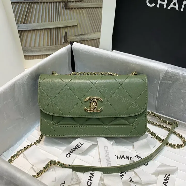 View 1 of Soft Green Quilted Shoulder Bag with Gold Chain