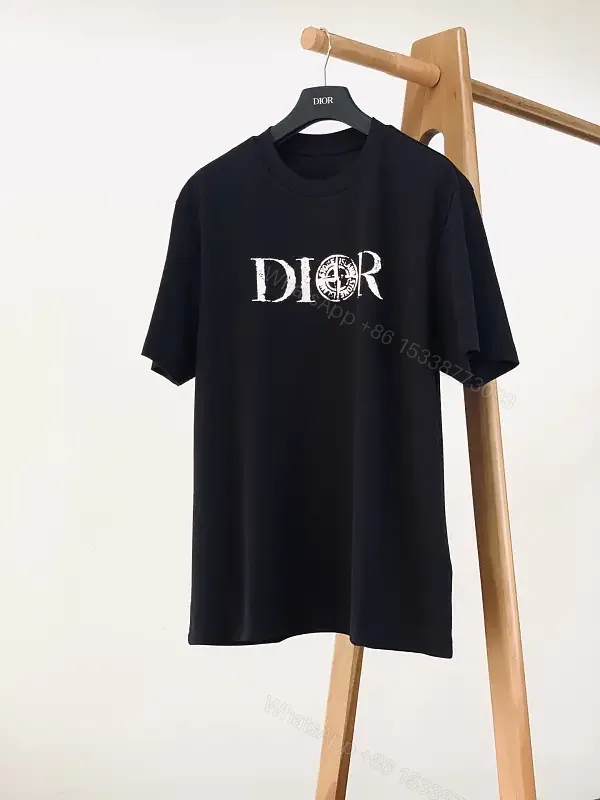 View 1 of Black Cotton Short-sleeve Tee Distressed "DIOR" Chest T-shirt