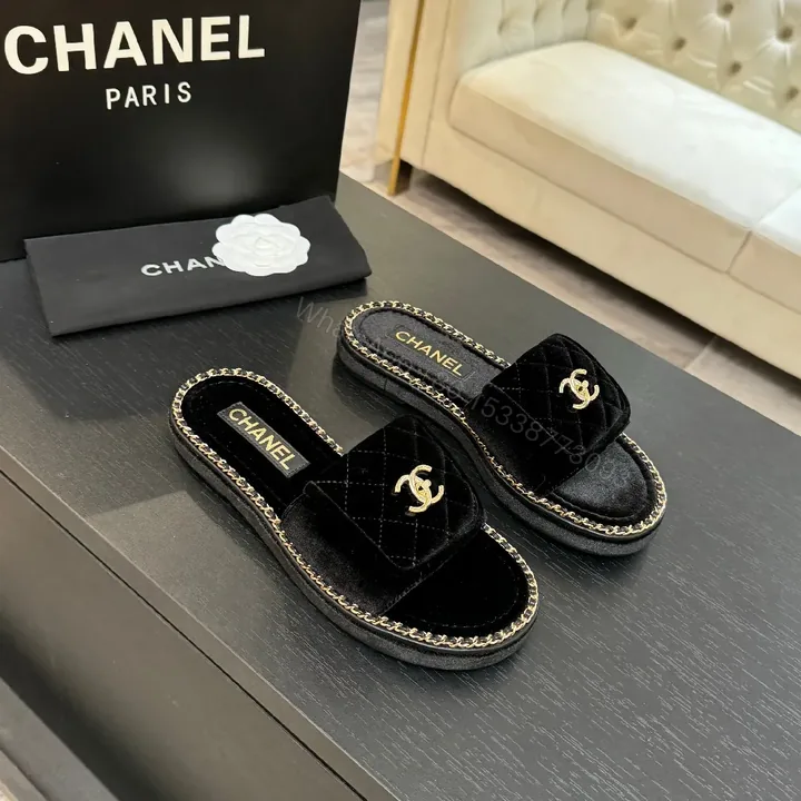 View 1 of Velvet Black Slide-Ons with Chain Trim, Luxe Casual Comfort