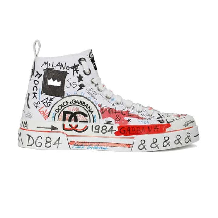 View 1 of DOLCE AND GABBANA HAND-PAINTED GRAFFITI CANVAS PORTOFINO LIGHT MID-TOP SNEAKERS – DG111