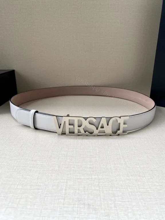 View 1 of Versace Belt: Pink-Lined Gray Leather with Oversized Logo Buckle