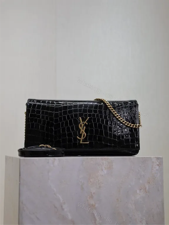 View 1 of Croc-Effect Black Leather Bag with Gold YSL Chain Strap