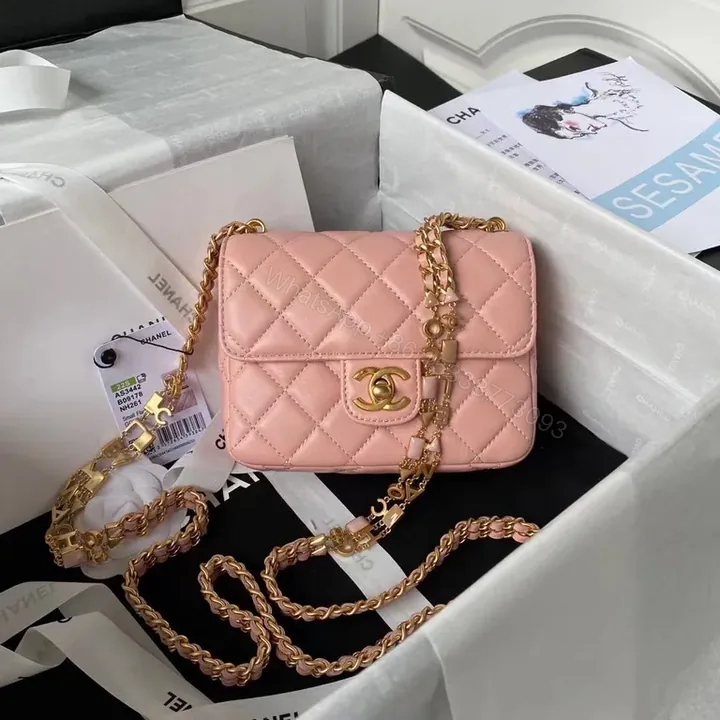View 1 of Chanel-Inspired Quilted Flap Bag: Soft Pink, Gold Chain