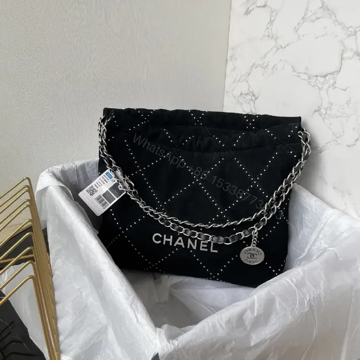 View 1 of Black Satin Quilted Bag with Diamond Stitching, Silver Chain Strap