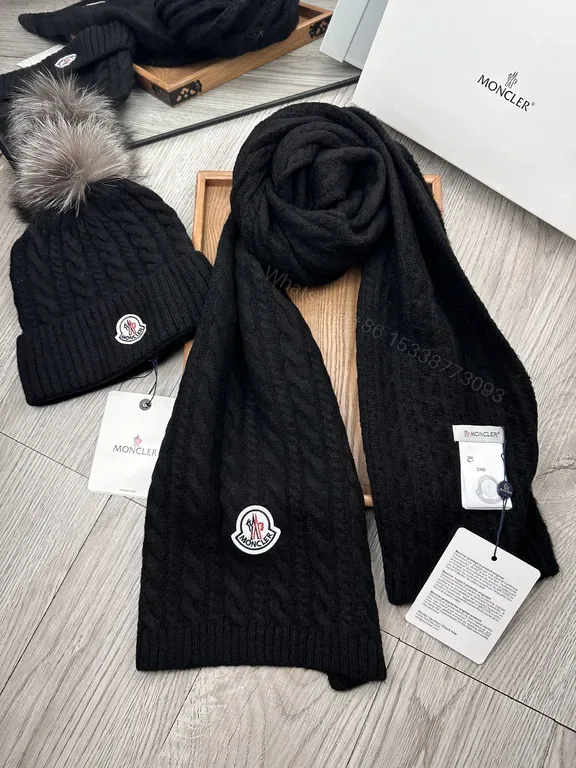 View 1 of Black Alpaca-Blend Moncler Scarf & Beanie Set: Ultra-Luxe Winter