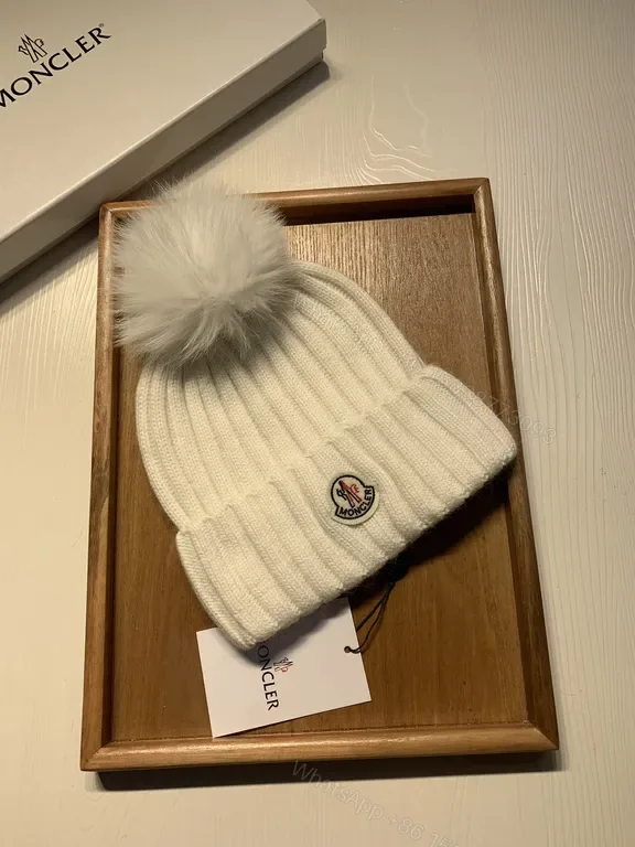 View 1 of Cream Beanie: Wool-Blend Knit with Pom-Pom â€“ Moncler Style