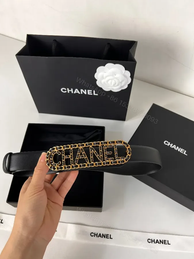 View 1 of Gold Chain Belt: Black Leather, Luxe Minimalist Style, Adjustable