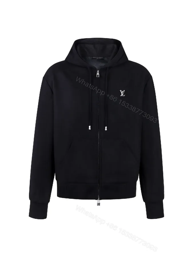 View 1 of Black Cotton Zip Hoodie with Subtle Monogram Embroidery