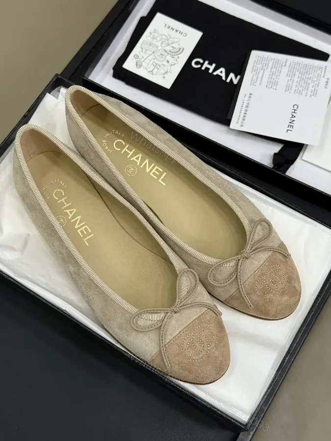 View 1 of Beige Suede Ballet Flats with Discreet Logo Emblem