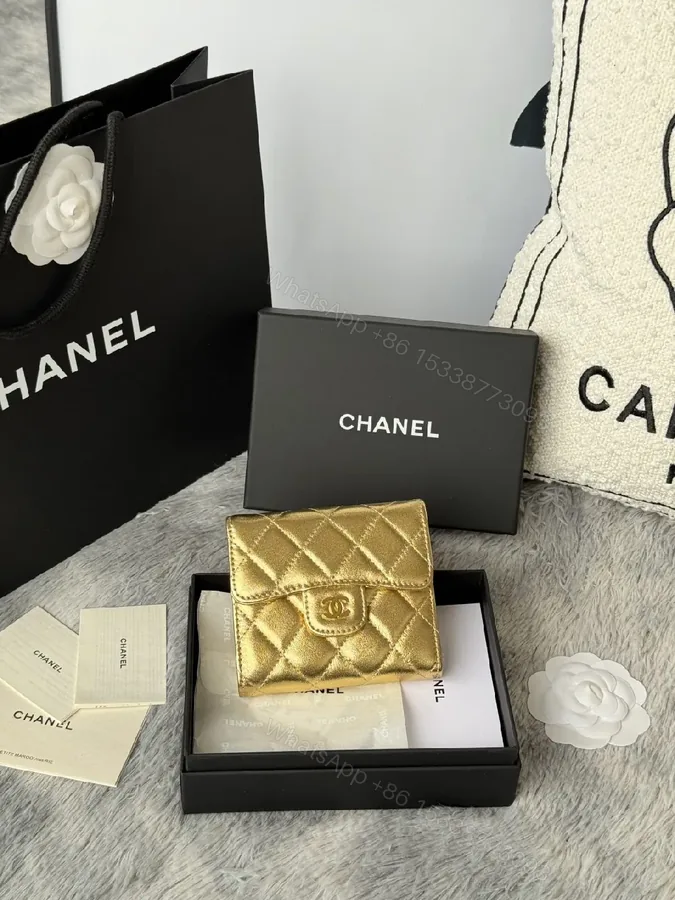 View 1 of Gold Quilted Wallet: Compact Luxury Card Holder & Coin Purse