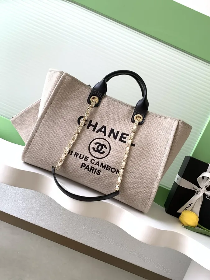 View 1 of Beige Canvas Tote: Chanel-Inspired Luxe Utility Bag