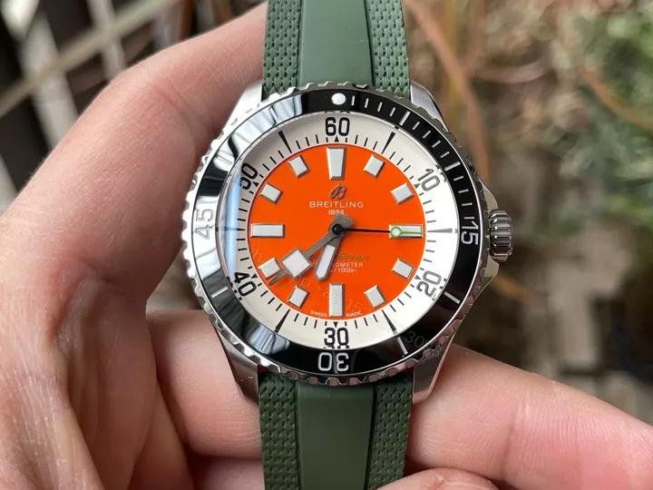 View 1 of Breitling Superocean Orange Replica 44MM Premium Green Rubber Strap Diver Edition BT-SO-ORN-GRN-44
