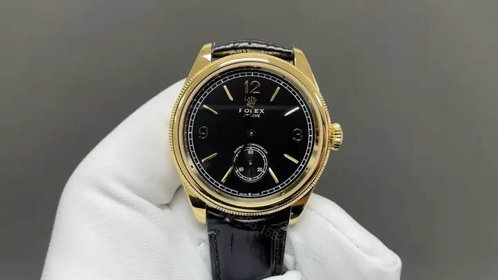 View 1 of Premium Rolex 1908 Yellow Gold Black Dial replica 39MM Black Leather Strap Edition 52508-0002