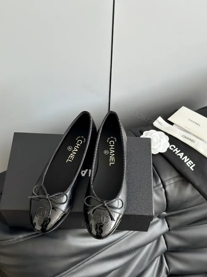 View 1 of Chic Patent Leather Ballet Flats with Bow Accent, Black
