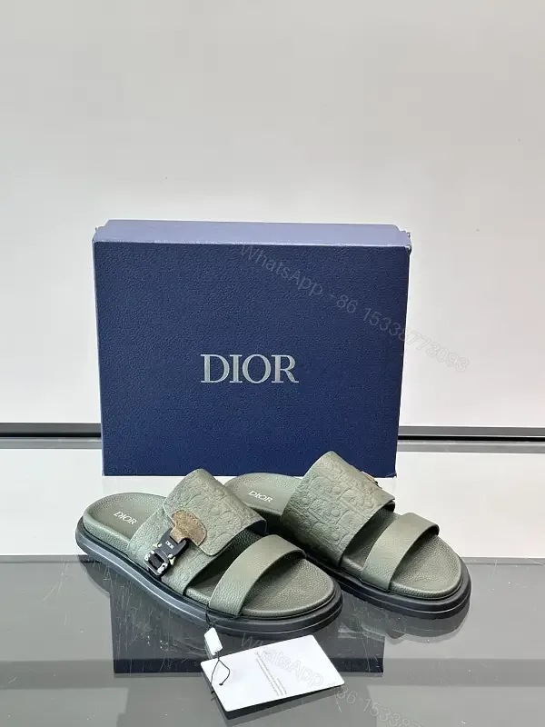 View 1 of Olive Green Embossed Leather Sliders Sandals