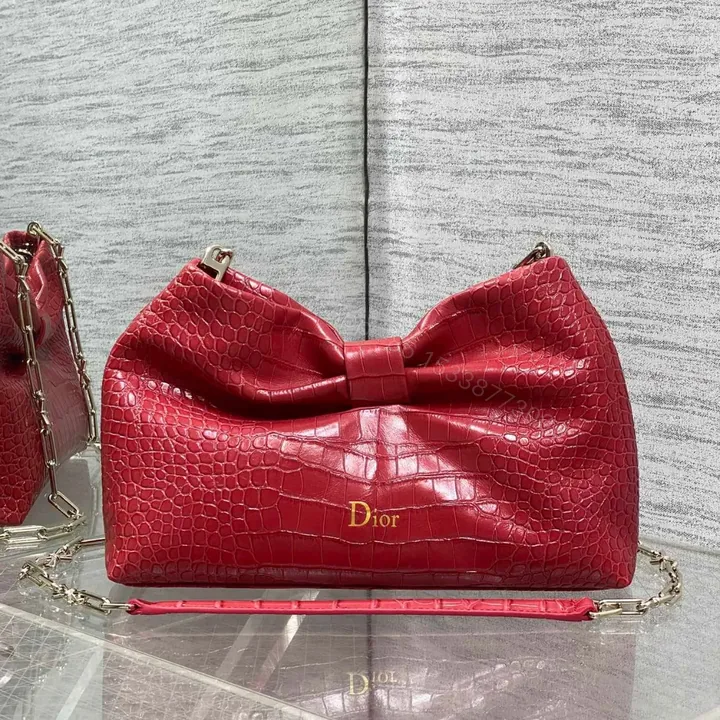 View 1 of Dior Bow Bag Small Red Crocodile-Embossed