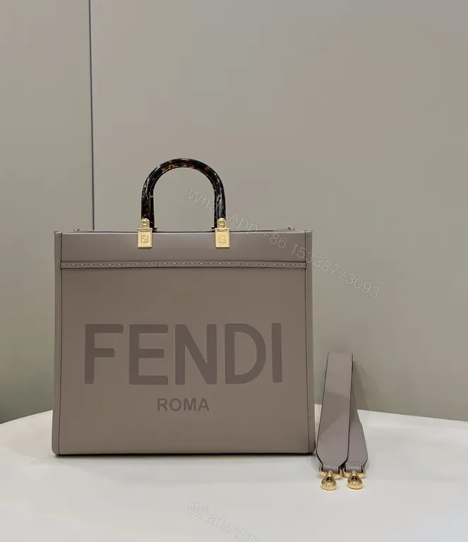 View 1 of Taupe Leather Tote: Fendi ROMA Bold Logo, Structured Style