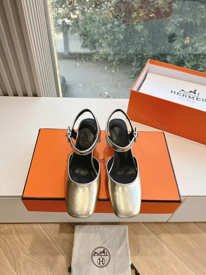 View 1 of Hermes Women Silver Leather Square Toe Heels
