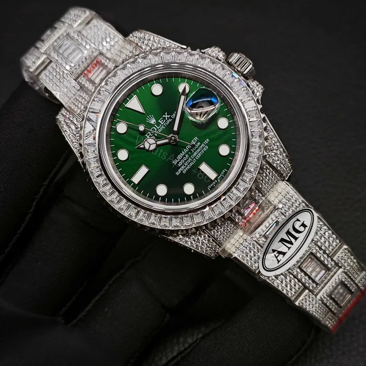 View 1 of Rolex Submariner Green Dial Diamond Replica 40MM Exclusive Full Pavé Steel Bracelet RG-ROLEX-SUB-GREEN-PAVE-40