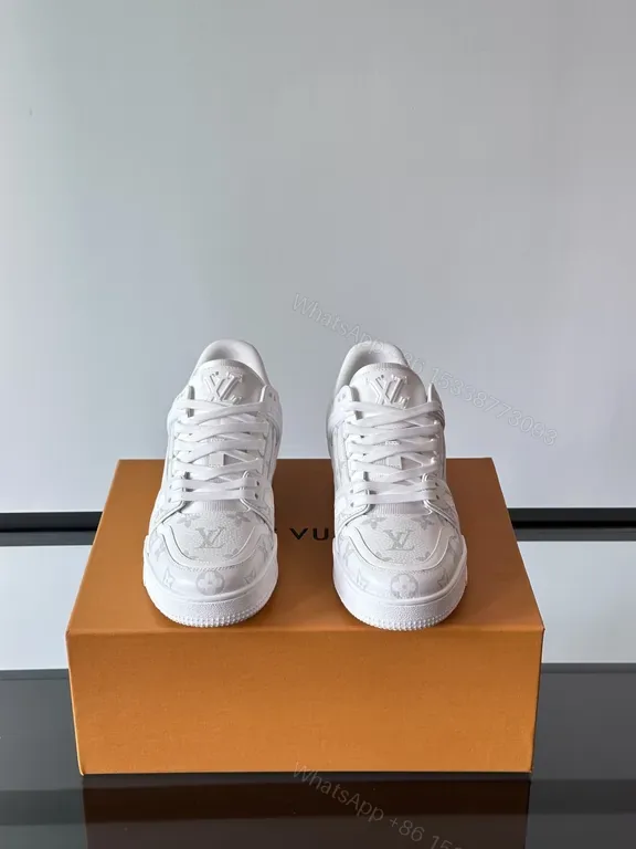 View 1 of White Leather Trainer: Subtle LV-Textured Luxury, Cushioned Comfort