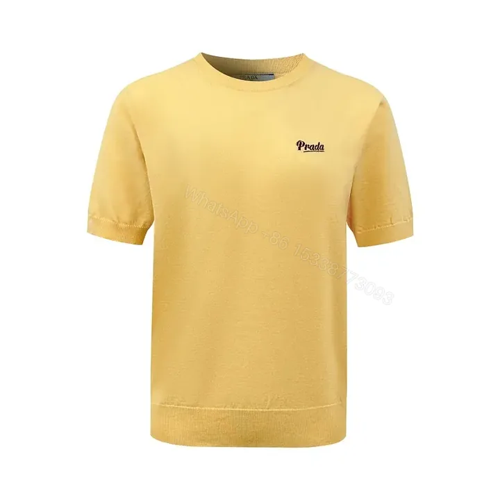 View 1 of Yellow Knit T-Shirt with Black Logo Embroidery, Minimalist Crewneck Top