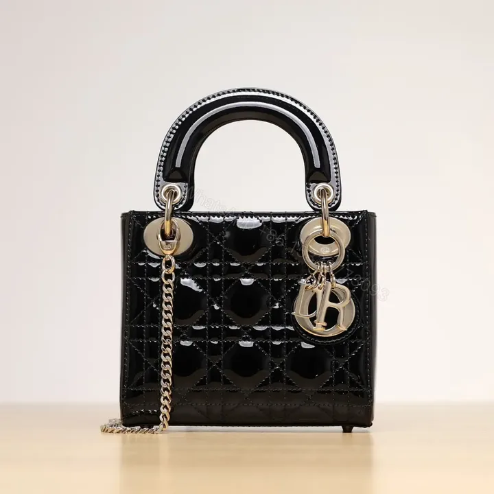 View 1 of 高仿Dior*Lady系列M0505M900黑色漆皮三格單肩包Mini免檢版