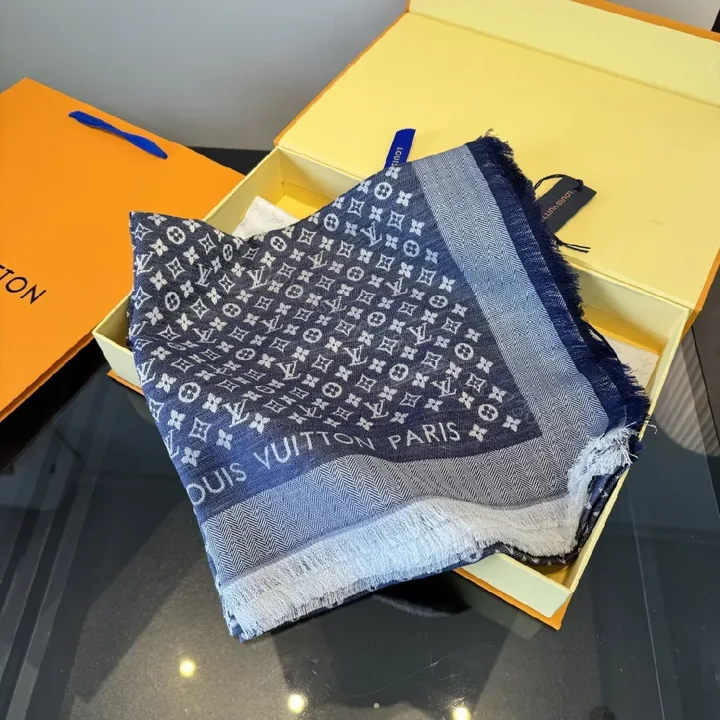 View 1 of Navy Monogram Scarf with Fringed Edge – Luxe Knit Wrap