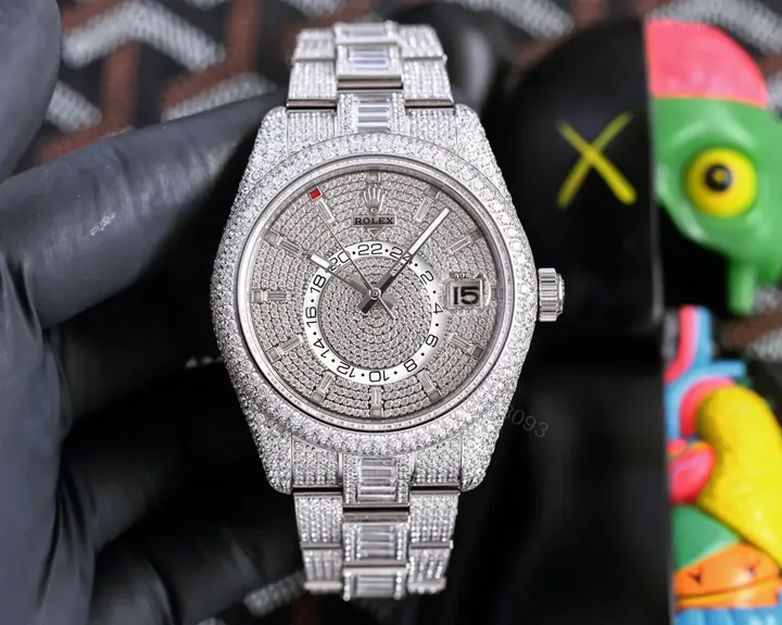 View 1 of Rolex Sky-Dweller replica 42MM Prestigious Full Diamond Steel Bracelet Edition RG-SKYDWELLER-FULLDIAMOND-STEEL-9001