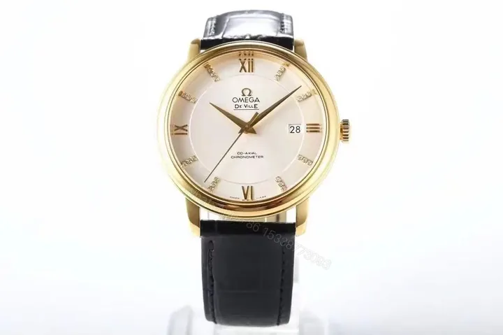 View 1 of MKS Omega De Ville Prestige Replica Watch Gold with Black Leather Strap