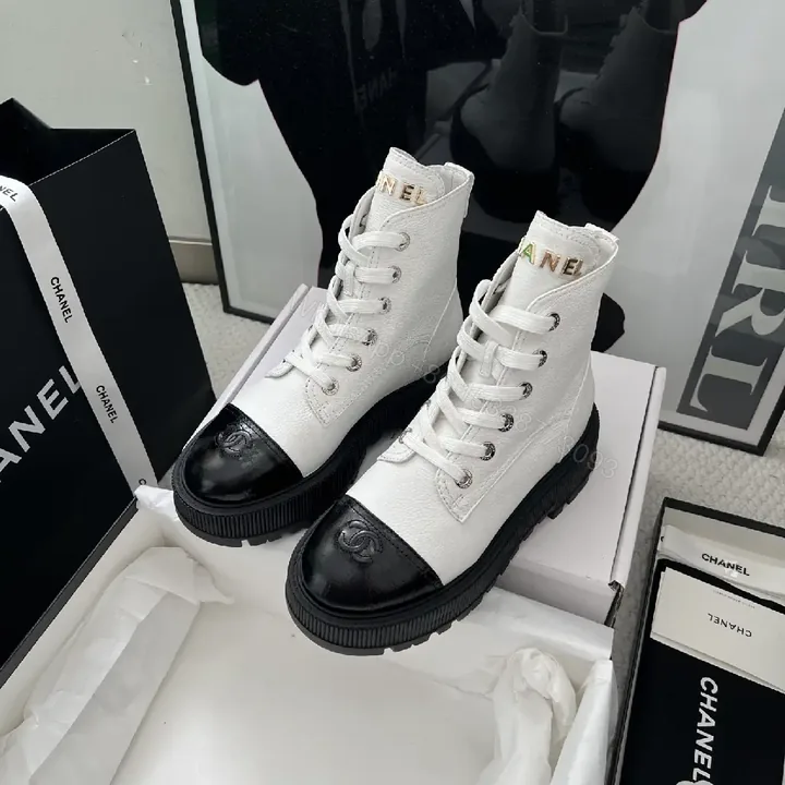 View 1 of Two-Tone Combat Boots: Luxe Urban High-Top with Logo Details