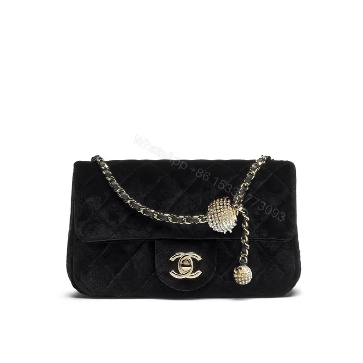 View 1 of Chanel Mini Flap Bag Velvet Diamante And Gold Tone Metal Black 20Cm
