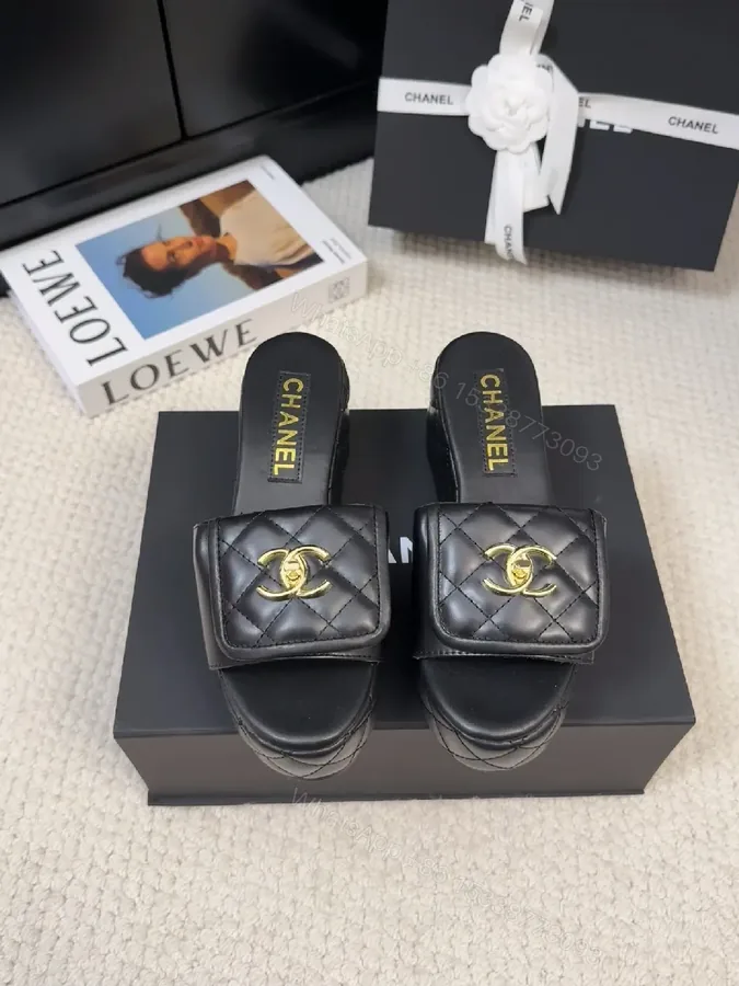View 1 of Quilted Leather Slides with Gold Logo Sandals