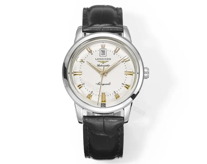 View 1 of Longines Conquest Classic Re Edition Cyclops Watch Silver Dial Black Leather Strap
