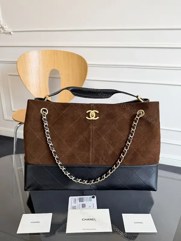 View 1 of Two-Tone Quilted Tote with Chain Accent