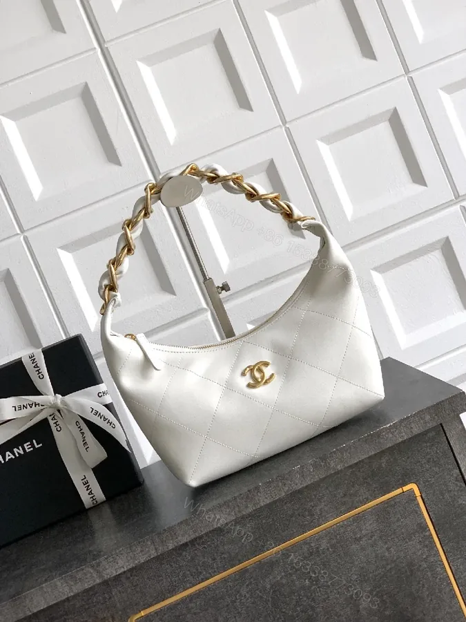 View 1 of White Quilted Leather Handbag with Gold Chain