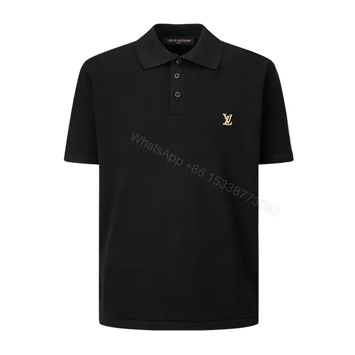 View 1 of Polished Polo Tee: Black Knit with Gold Crest Polo Shirt