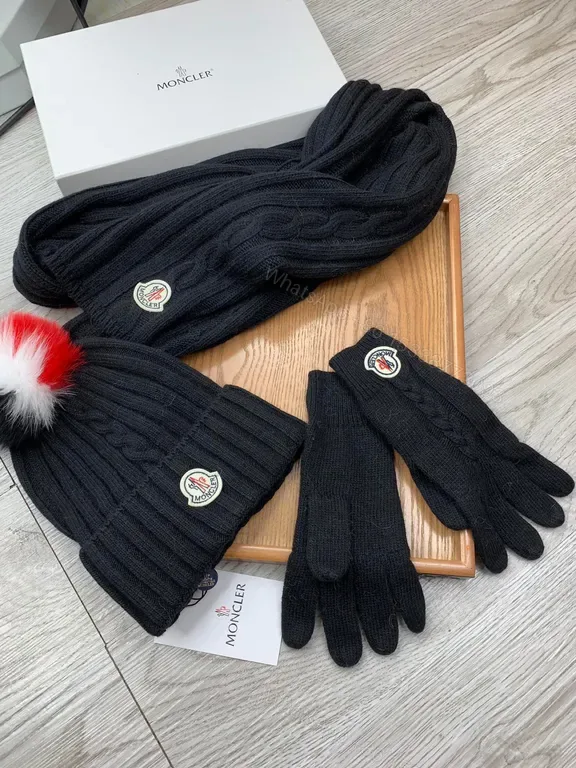 View 1 of Chic Black Wool Cable-Knit Set: Moncler Scarf & Beanie Gloves