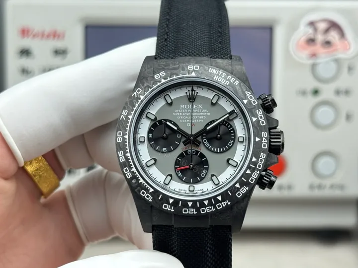 View 1 of Rolex Daytona Carbon Fiber Panda Replica 40MM Premium Black Fabric Strap R74-BLACK-WHITE