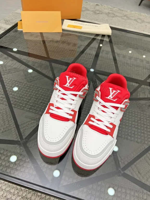View 1 of Bold Red & White LV-Inspired High-Tops: All-Day Comfort Sneakers