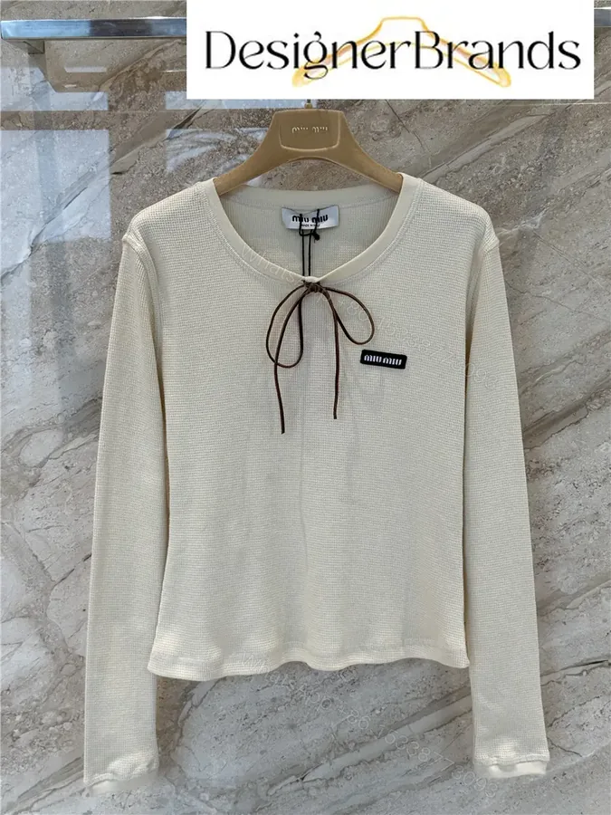 View 1 of Miu Miu Beige Waffle-Knit Cotton Long-Sleeve T-Shirt