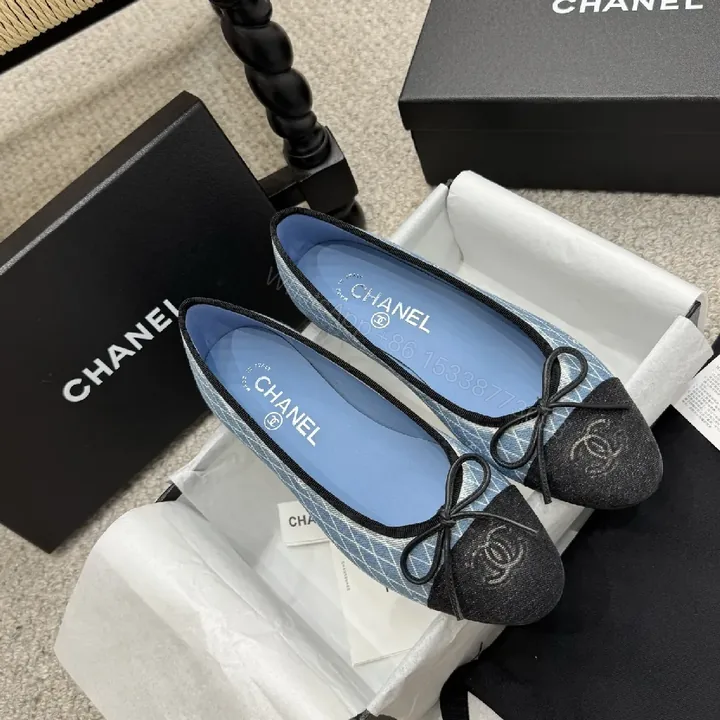 View 1 of Denim-Texture Pointed-Toe Flats with Monogram Detail – Luxe Everyday Style