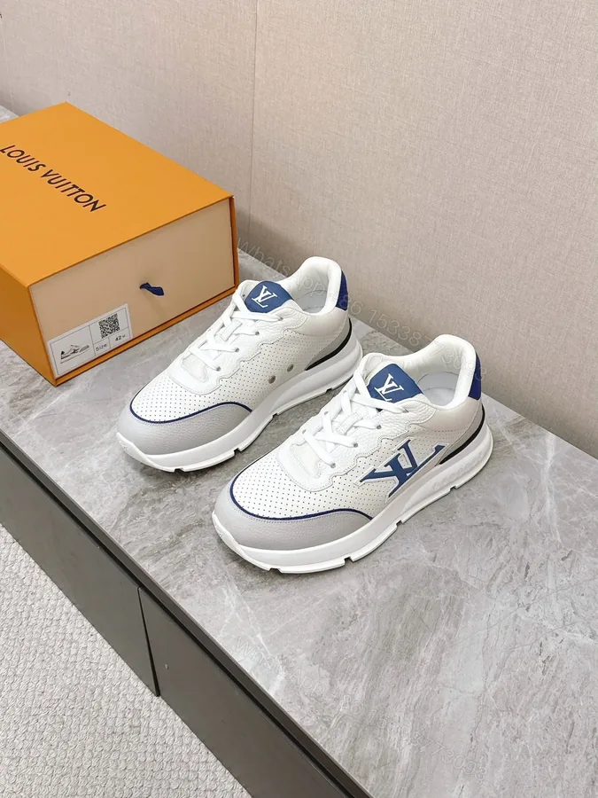 View 1 of LV Women White Leather Sneakers With Blue Accents