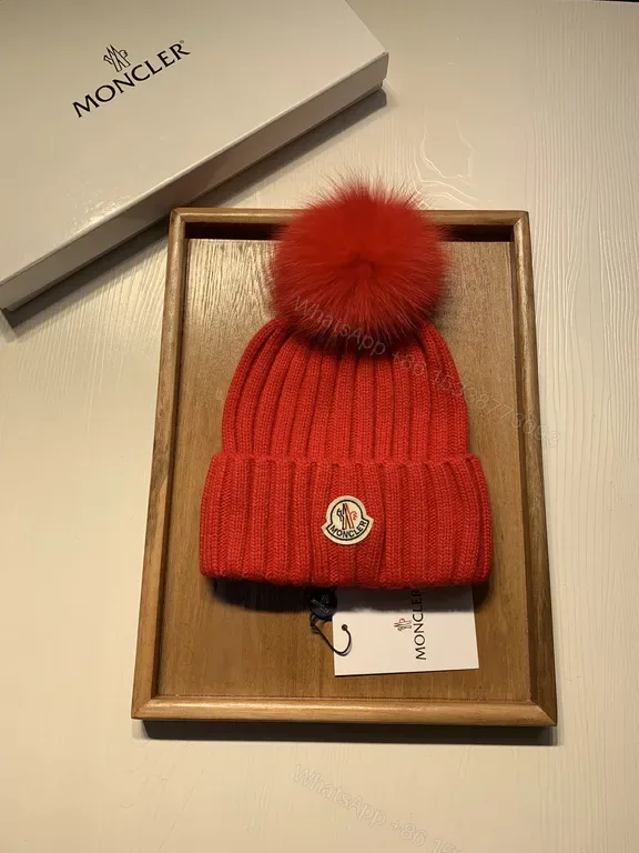 View 1 of Bold Red Knit Beanie with Plush Pom-Pom - Moncler Warmth