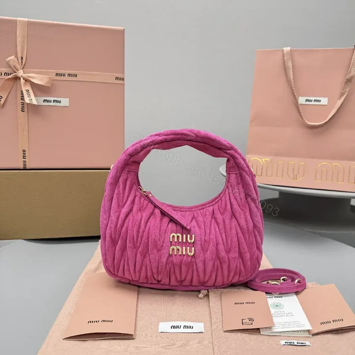 View 1 of Velvet Mini Bag: Fuchsia, Gold Logo, Top-Handle Style