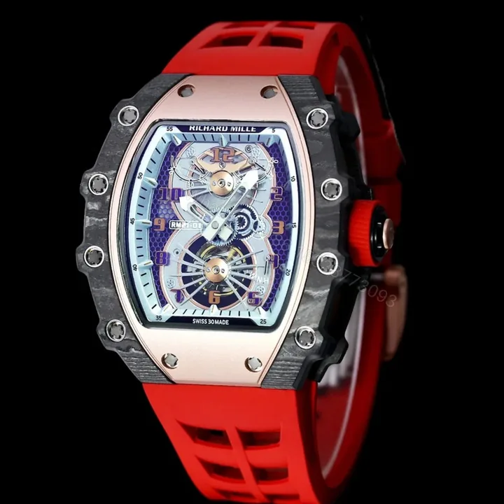 View 1 of Richard Mille RM21-01 Automatic Skeleton Watch 40MM Carbon Fiber Case Red Strap Aerospace Structure 20 Keyway Screws Premium Edition RM-RM21-01-CF-RED-SKL-40