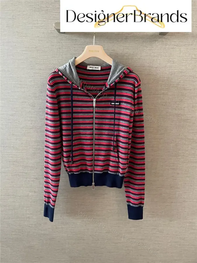 View 1 of Miu Miu Striped Knitted Zip-Up Hoodie